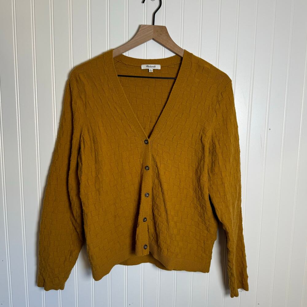 Madewell Checkered Knit Button Down Cardigan Mustard Yellow Women’s Size XL - Picture 2 of 9
